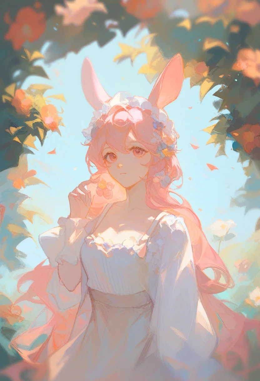 1 girl, very long hair, short skirt, cute, flowers, light, live, upper body, pose, hand up, pink hair , leg, lolits, hair bàn