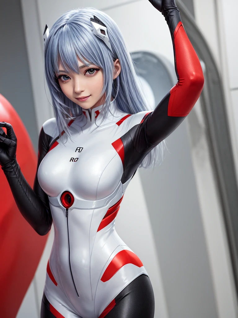 Masterpiece, highest quality, 8K, detailed skin texture, fine cloth texture, beautiful detailed face, intricate details, super detailed, portrait of Rei Ayanami, blue hair, red eyes, looking far away, no background, Evangelion Wearing a plug suit when riding, plug suit, whole body visible, standing, arms crossed, 15 years old, beautiful, cute, great style, smiling,composition that shows the whole body,