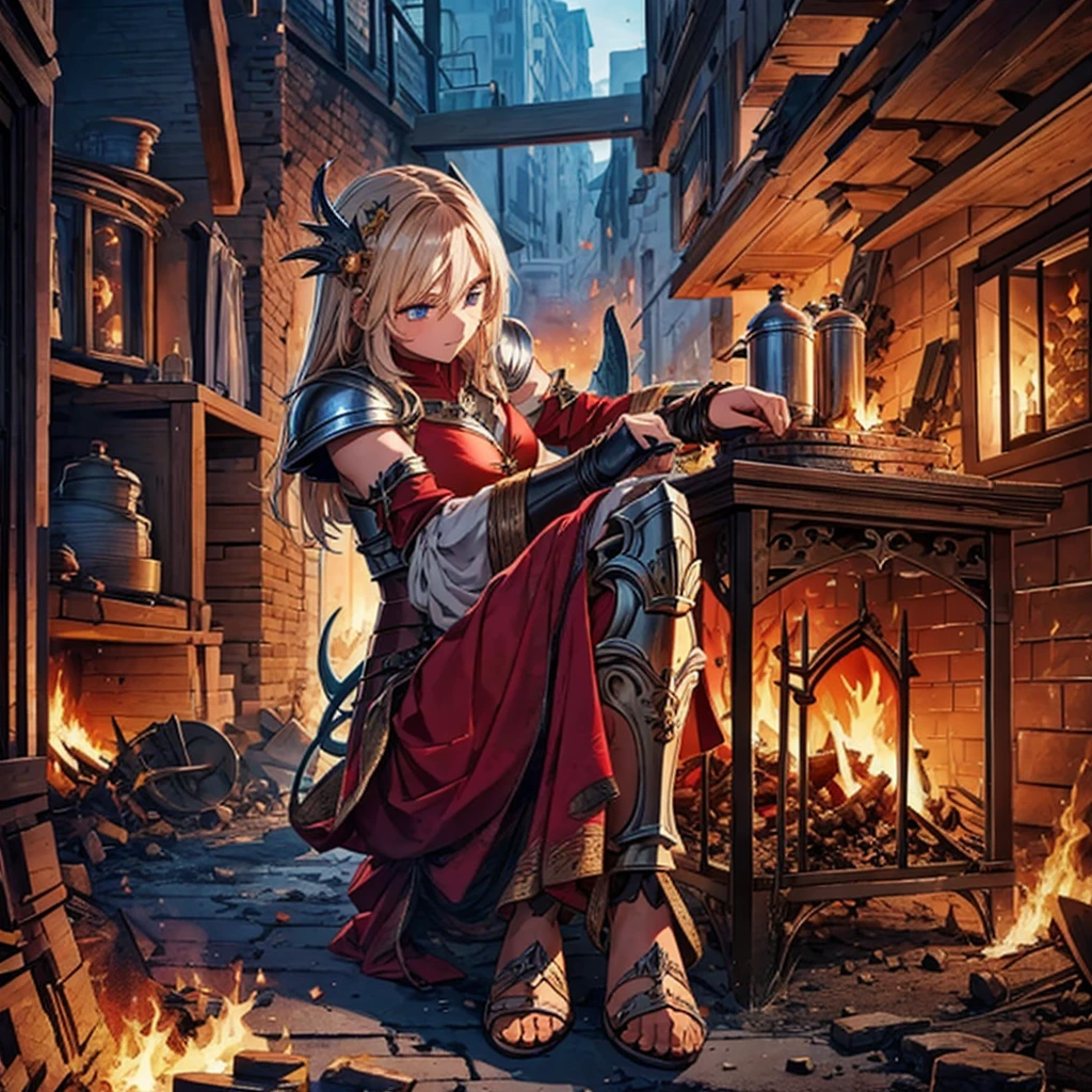medieval fantasy style Top view Burning and destroyed city ruins Rubble pile Dragon Girl Giant Girl Dragon Wing Dragon Horn Metal armor Metal Shoes Stretched nails beautiful girl Metropolis