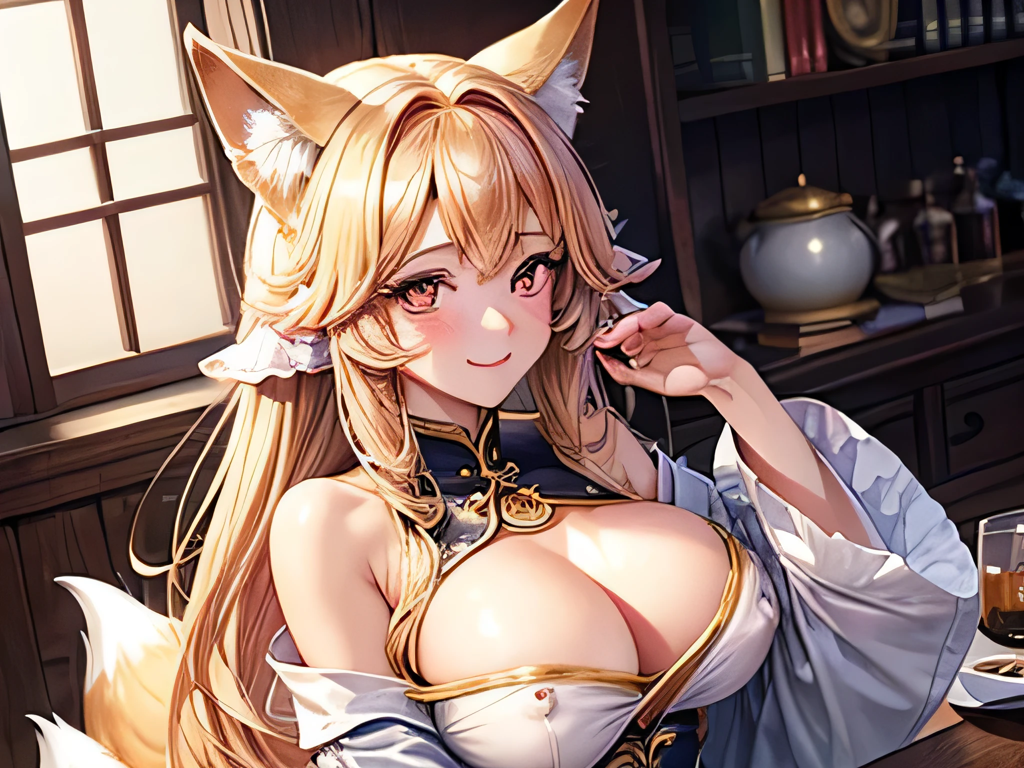 ((best quality)), ((masterpiece)), (detailed), 1 Girl, Off-shoulder ,Smile,Long hair,gentle,Anime style,big eyes,K cup,Revealing clothes,clear nipples,Chinese,Low collar,Fox ears,Mature,Sexy,blush,Foxman,Showing breasts,Combing the tail