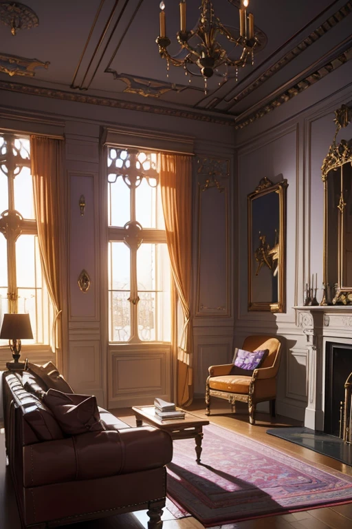 Interior, victorian Manor with reliquies, (((Nigth))), (((moonligth enters the living room))) soft pale orange palette, soft violet secundary exterior ligth