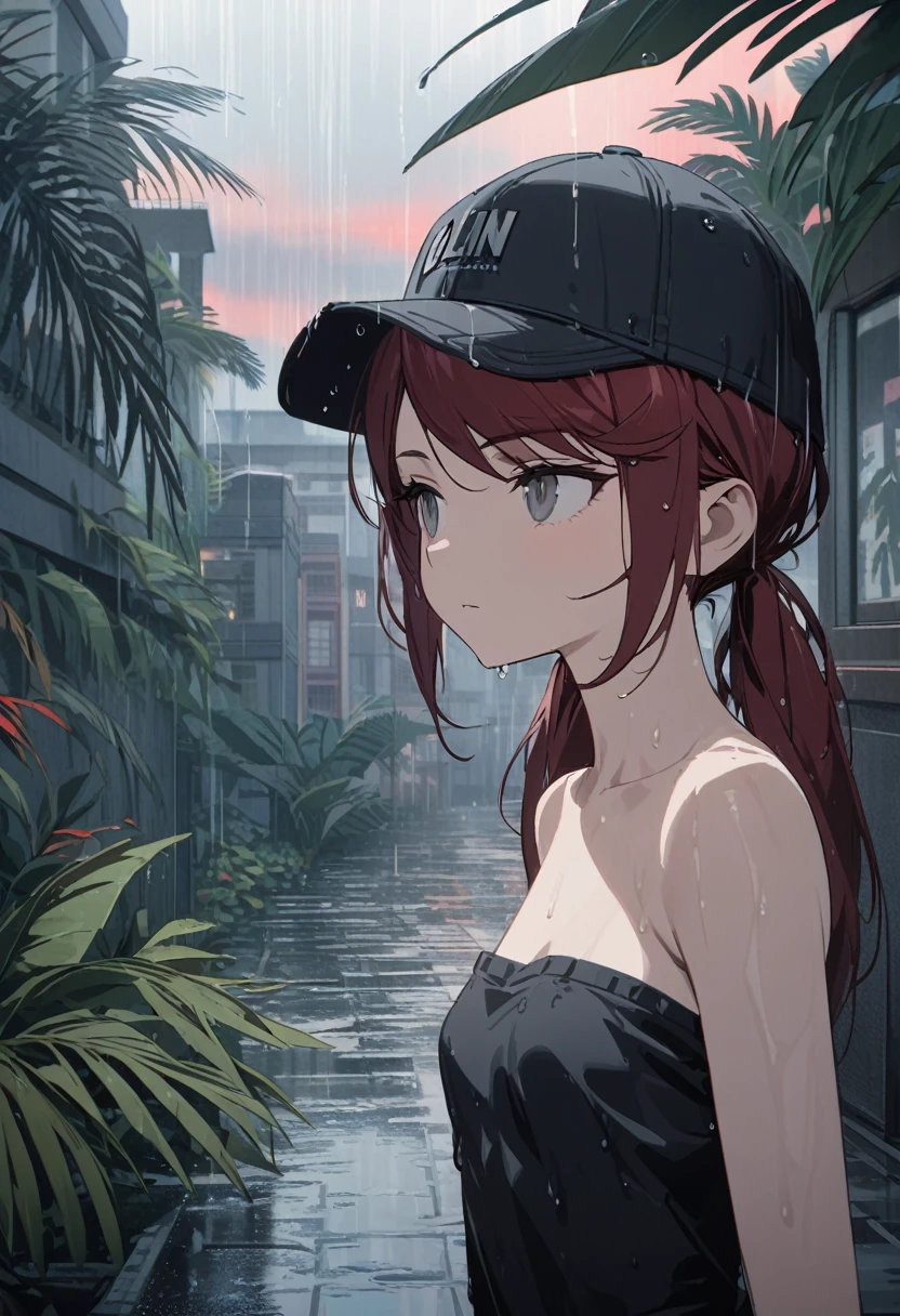 ((Close up, upper body, short young woman from with gray eyes, dark red hair in low twin tails, swept bangs, stoic, strapless black shirt, black baseball cap, jeans, small breasts, thin)), toned arms, wet clothes, wet skin, street with puddles, library building, wide steps, people in background, in tropical climate after intense storm, power outage, no lights, dense overcast parting to reveal a red-orange sunset, wall of rain and visible on horizon, slate atmosphere, tropical plants, palm tree, Cinematic, faded colors, dark shot, muted colors , grainy film, lute, insane details, intricate details, hyper-detailed,