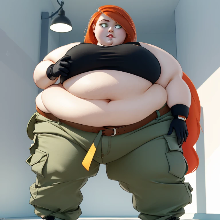 1fat girl, body plus, ssbbw (cartoon:1.3), detailed eyes, looking at the viewer Orange-red hair, green eyes, confident expression, black crop top, black gloves, brown belt, green cargo pants, pale skin, thin eyebrows