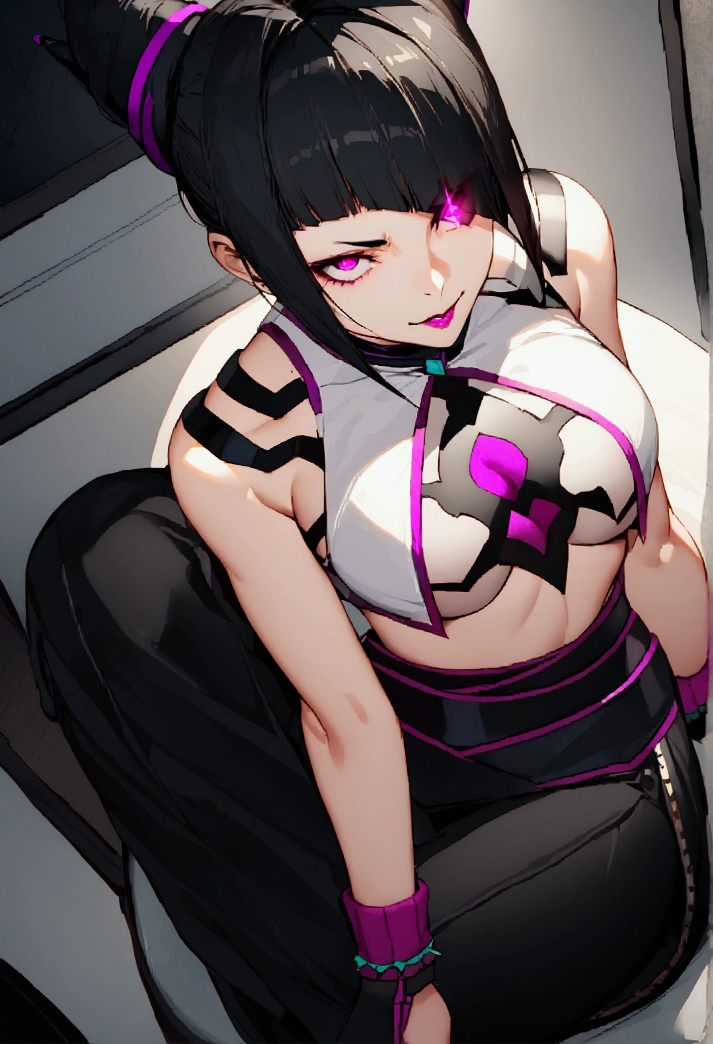 juri han, work of art, tight white secretary shirt with black tie, black high waist skirt, short skirt,stocking, black hair, black tightscary sun,office,bangs on the eyes,Lighting,horn of hair,view from above,staring overhead,evil smile,sitting,cross legs,glowing purple eyes
