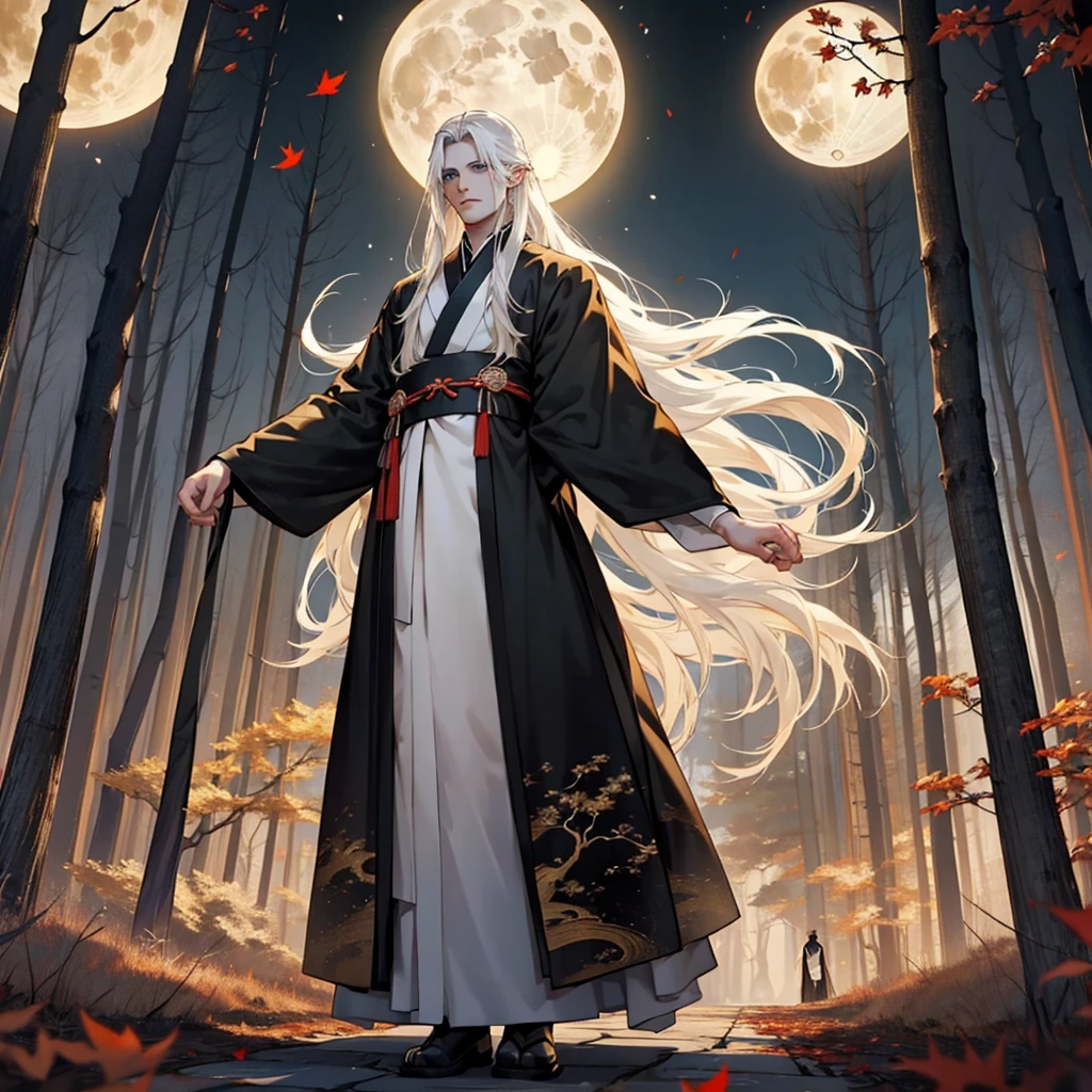 A young man with long white straight hair, blue eyes, and an indifferent gaze, pale skin. Dressed in a black hanfu, stands in a dark autumn forest. Golden glow on the branches, black mist swirling around. Fallen leaves carpet the ground, and a full moon casts an eerie light.