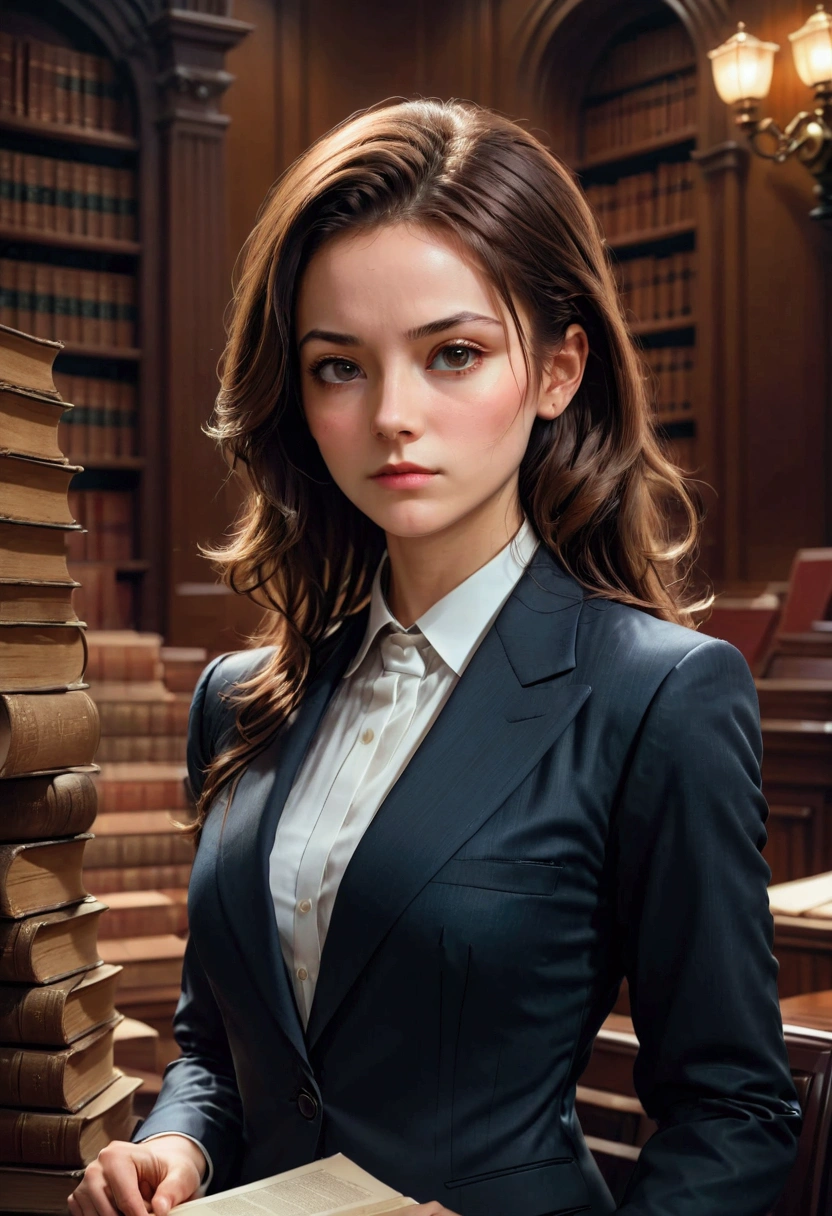 1girl, Lawyer, a lawyer in a courtroom, elegant formal suit, confident and professional expression, dramatic lighting, law books and documents in the background, cinematic composition, 8k, high quality, masterpiece, best quality, very aesthetic, absurdres
