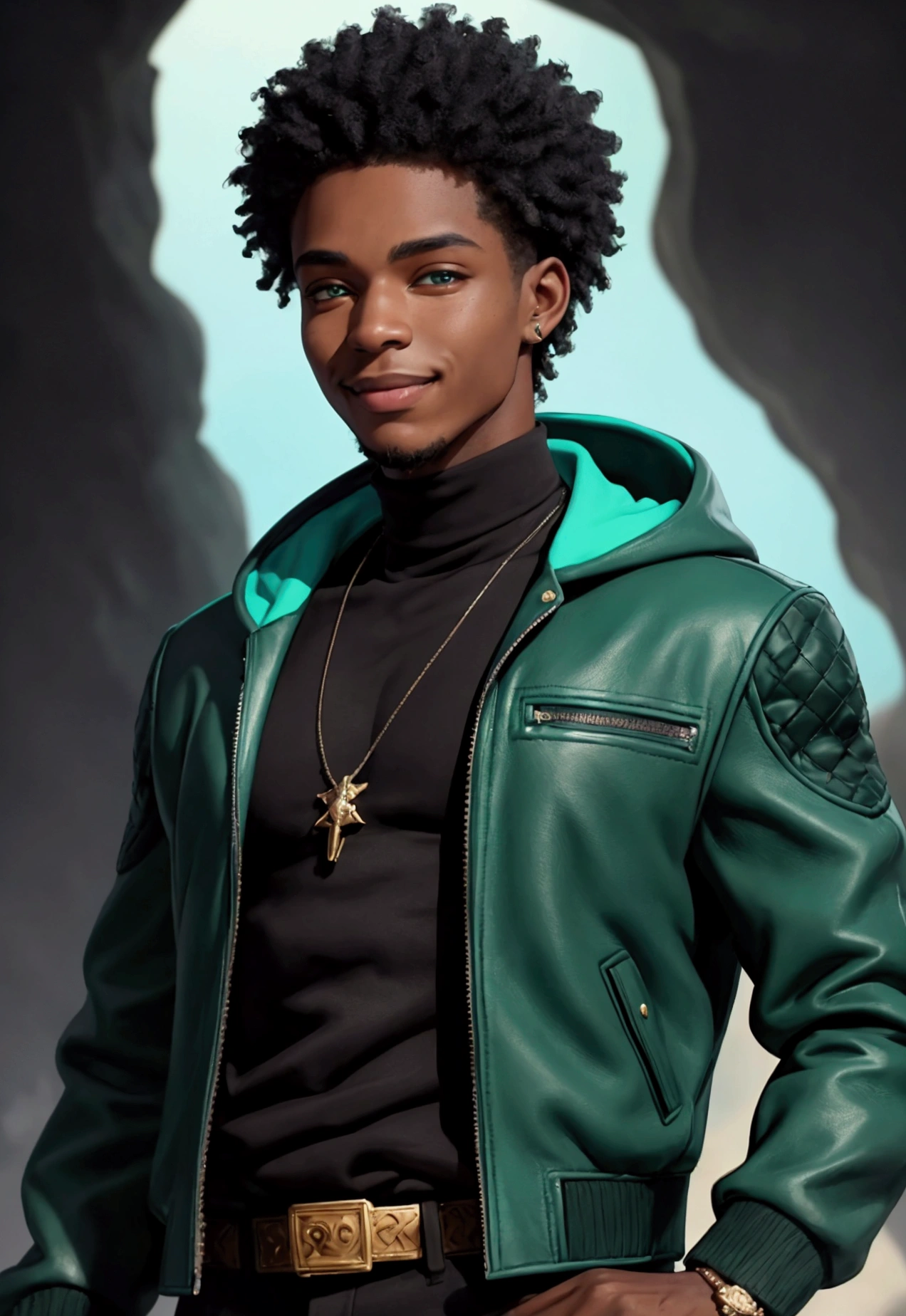 (masterpiece:1.2), (best quality), (ultra detailed), (8k, 4k, intricate),(half-body-shot:1), (highly detailed:1.2),(detailed face:1.2), (detailed background),detailed landscape, (dynamic angle:1.2) a 25 years old African American man wearing a dark green hoodie, white jacket and light turquoise headphones, character portrait of me, jade green eyes, shaggy hair(black:1.5,), smiling, (black:1.5,dark green:1.3, turquoise:1.2) young adult male, small goatee, turtleneck and leather jacket, smiling 