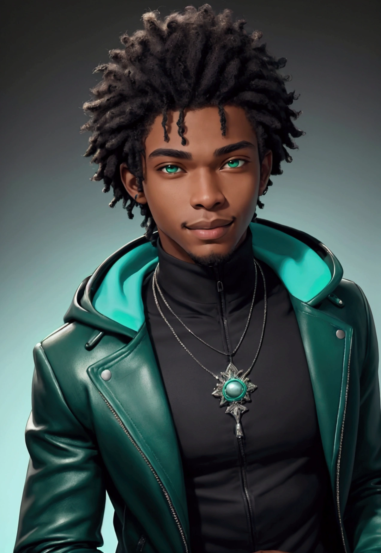 (masterpiece:1.2), (best quality), (ultra detailed), (8k, 4k, intricate),(half-body-shot:1), (highly detailed:1.2),(detailed face:1.2), (detailed background),detailed landscape, (dynamic angle:1.2) a 25 years old African American man wearing a dark green hoodie, white jacket and light turquoise headphones, character portrait of me, jade green eyes, shaggy hair(black:1.5,), smiling, (black:1.5,dark green:1.3, turquoise:1.2) young adult male, small goatee, turtleneck and leather jacket, smiling