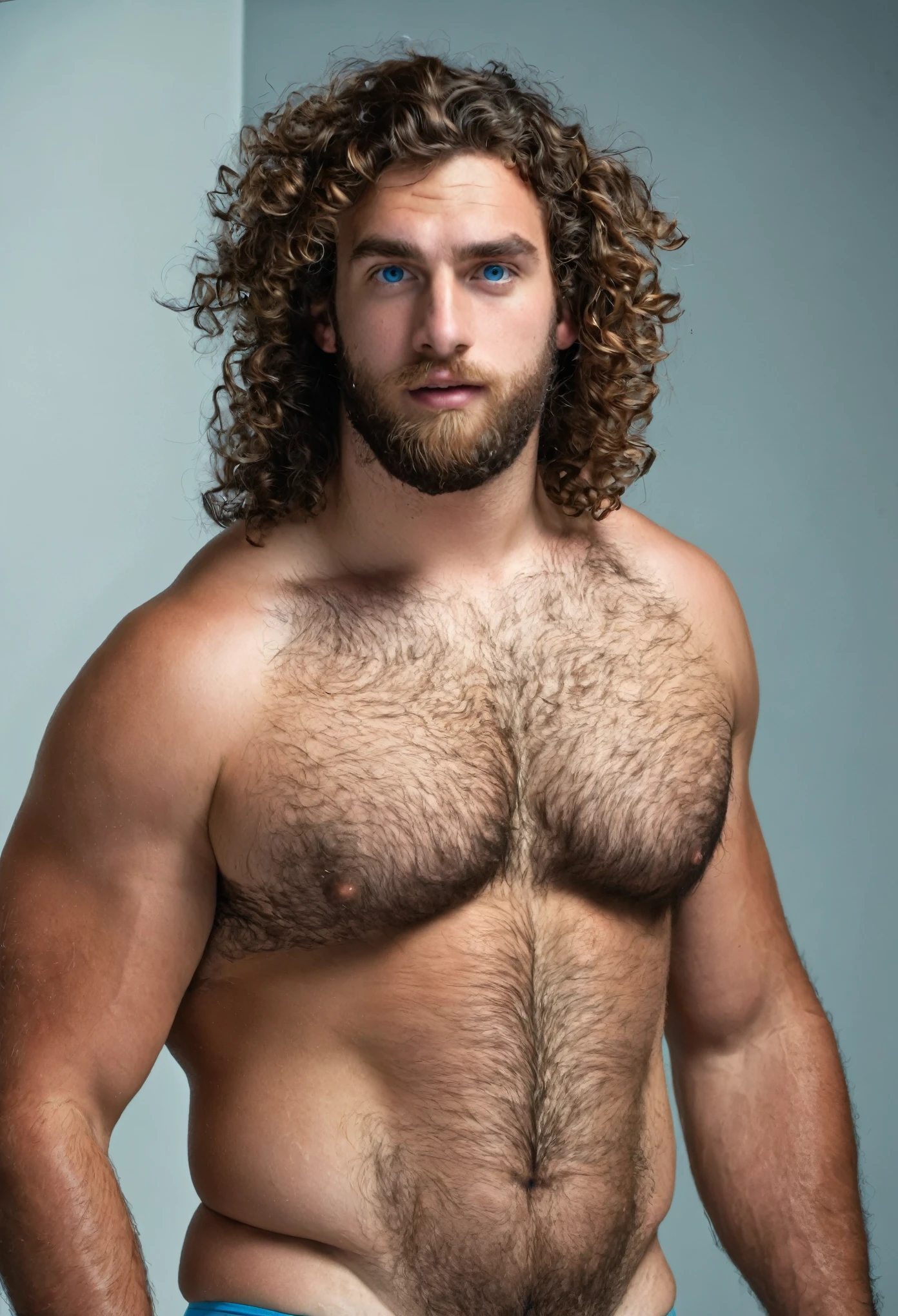 man, 24 years old, very hairy man, blue eyes, long curly hair, from Spain, handsome, massive hefty pecs, no shirt, (hairy hefty chest and legs: 1.0), with underwear, massive bulge, cinematography, 16k, uhd, in a studio, model, sexy man