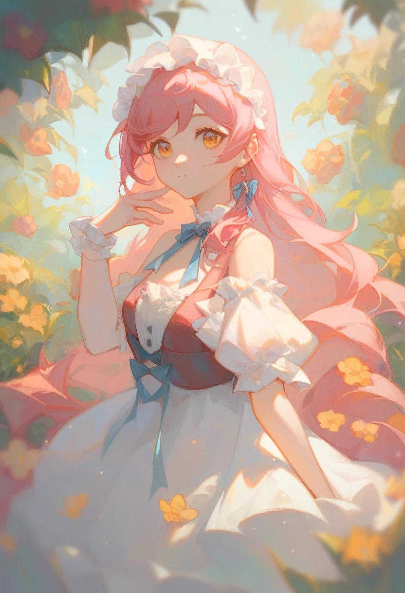 1 girl, very long hair, short skirt, cute, flowers, light, live, upper body, pose, hand up, pink hair , lolita