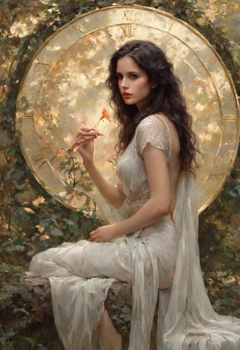 (Best Quality,4k,8K,hight resolution,Masterpiece:1.2),Ultra-detailed,(Realistic,Photorealistic,photo-realistic:1.37),oil painting,Omar Rayyan ,Beautiful detailed girl,Holding a flower,Klimt,many,Emil Vernons,illustartion,Lush garden,Natural sunlight,dreamy atmosphere,bright colours,Graceful posture,Detailed facial features,curly hair,Feminine elegance,artistic interpretation,Fantasy elements,Subtle emotions,Unearthly beauty,wistful expression,harmonious composition,Impressionistic style,Gold accents,(realistic: 1.3) (original: 1.2), masterpiece, best quality, hibiscus flower blooming on a gnarled branch on a gray background, fractal mandala background, in light orange and light beige style, minimalist images, photographic installations. , paleocore, green and crimson, hyperrealistic, poetic intimacy. masterpiece, best quality, colorful, LLTH, best quality, beautiful naked forest goddess, expressive eyes, perfect face, highly detailed, high resolution, (masterpiece), best quality, perfect face, 1 sexy girl dressed in forest, flowers , leaves, mandalas, fractal, girl in the forest, forest goddess, old antique clock floating, lamp hanging from tree, full body, black hair fused with gold, transparent clothing, open legs, view of pubic hair, 1 sexy girl with see-through forest clothing,small exposed breasts, see-through open t-shirt, mandala and flower tattoos, illustration, very delicate and beautiful, very detailed, CG, Unity, 8k wallpaper, huge file size, very wide lens, soft lighting, slight smile, transparent clothing showing naked body, beautiful vagina, vagina with soft hairs, well detailed eyes looking up, latin girl sitting on tree trunk, oil painting, latin tanned skin, full moon night sky, autumn leaves falling, autumn leaves in the wind, black and brown hair, long hair floating in the wind, girl looking at an old clock, nsfw,(( Felicity Jones)), (sensual), (Ex