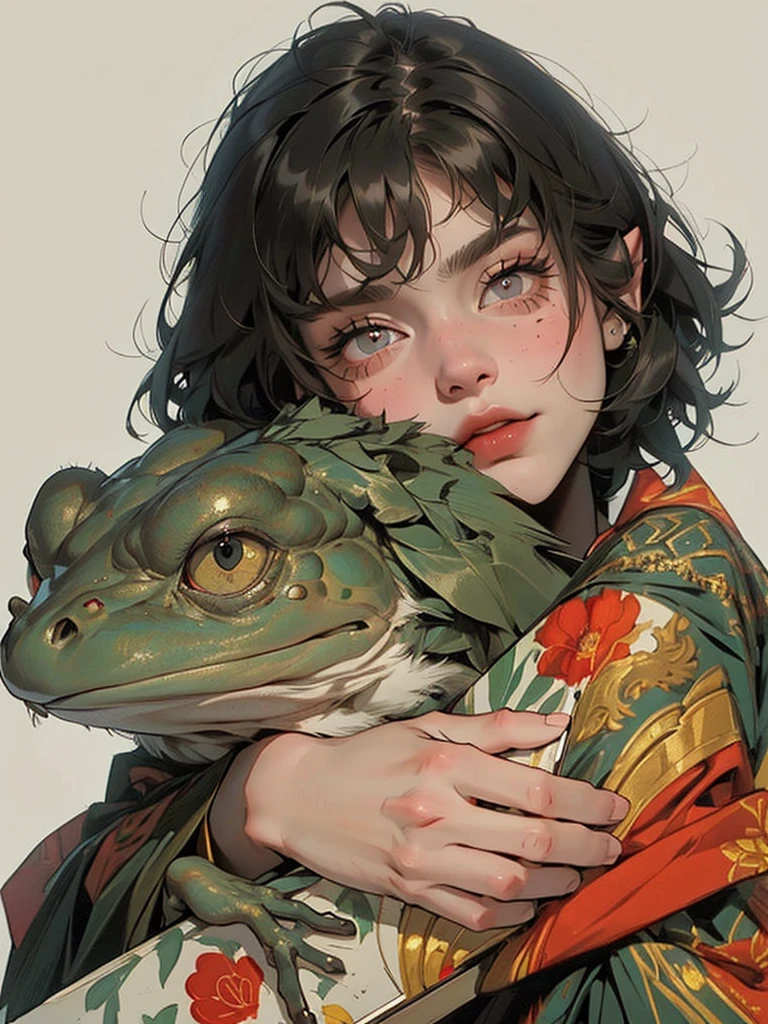 ((work of art, best qualityer)), 1womanl, (beautiful man1.4), 130 mmf1.4 lenses, standing alone, pointy ears, dead pupils, holding a frog, saturados, colorfully, Bblack hair, body hair (((1girl)), female focus, Masterpiece artwork, high qualiy, (Masterpiece artwork:1.2), (best qualityer:1.2), shining skin, realisitic, ornate, intricate, ((blackquality hair)), (short hair), gray eyes, hair between the eyes, chic, looking_at_viewer, holding_fan, red_eyeliner, FH, serious eyes, gazing at viewer, constricted pupils, dynamic pose, (shadows cast over the face:1.3), dark bedroom, shadow room