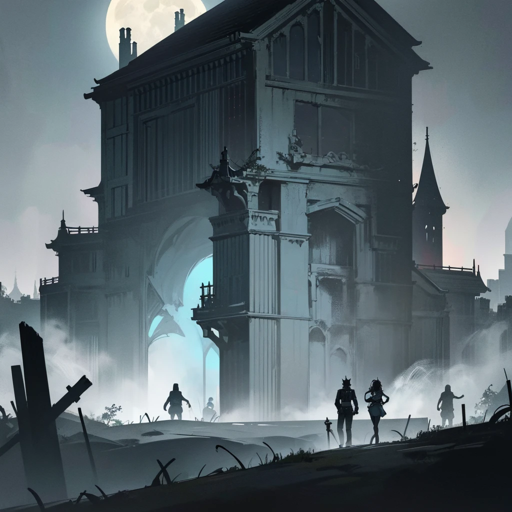 A thrilling Minecraft horror scene, featuring a player's creative house with a mysterious, dark atmosphere. The house, built with intricate detail and textures, stands in the midst of a foggy, eerie landscape. Creepers, skeletons, and zombies can be seen lurking around, while the full moon casts a haunting glow over the entire scene. The player character is seen in the foreground, holding a pickaxe, with a look of determination and courage on their face.