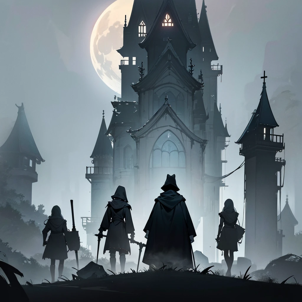 A thrilling Minecraft horror scene, featuring a player's creative house with a mysterious, dark atmosphere. The house, built with intricate detail and textures, stands in the midst of a foggy, eerie landscape. Creepers, skeletons, and zombies can be seen lurking around, while the full moon casts a haunting glow over the entire scene. The player character is seen in the foreground, holding a pickaxe, with a look of determination and courage on their face.