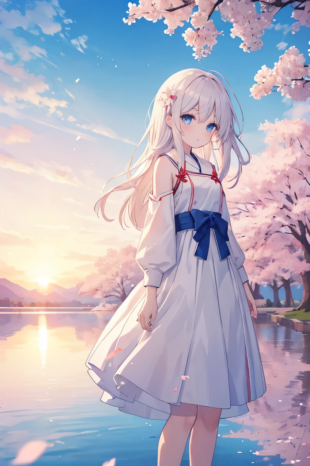 Top quality, Ink painting style, Fresh and elegant, Clear lake water, Cherry blossoms fall with the sunset,Standing,White的头发,blue eyes, White, Ink painting style, Fresh and elegant, Clear lake water, Cherry blossoms fall with the sunset,Standing,White的头发,blue eyes, White旗袍长裙蓝色花纹的女孩, Riding the flower wind blowing towards your head, A forest dotted with green leaves, The birds are singing happily, A poetic scene