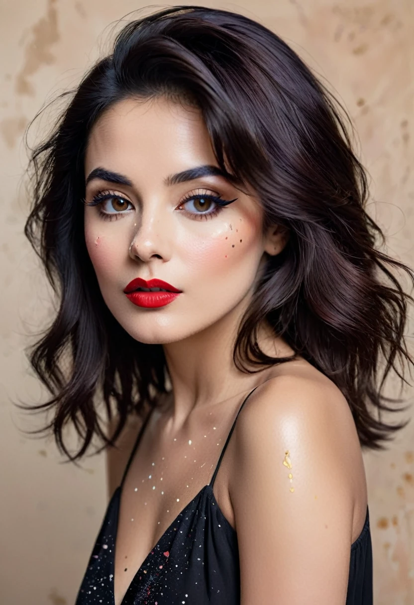 In this striking portrait, a woman with brown and black hair stands before the viewer, her gaze unwavering. Her lips are closed, but her collarbone is visible, adding a touch of vulnerability to her confident stance. The subtle hints of makeup, including mascara and a bold lipstick, enhance her natural beauty. The portrait is letterboxed, giving it a cinematic quality, and her nose is perfectly sculpted. As a final touch, her face is adorned with splatters of paint, adding a touch of creativity and playfulness to the overall image.