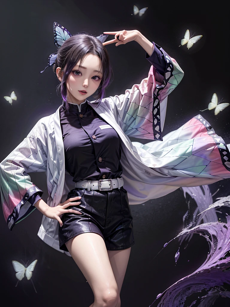 masterpiece, Highest quality, High resolution, One girl, alone, kochou shinobu, Butterfly Hair Ornament, Purple eyes, Multicolored Hair, short hair, Parted bangs, Haori, Wide sleeves, Long sleeve, Black trousers, Black jacket, belt, Cowboy Shot, Have a weapon, sword