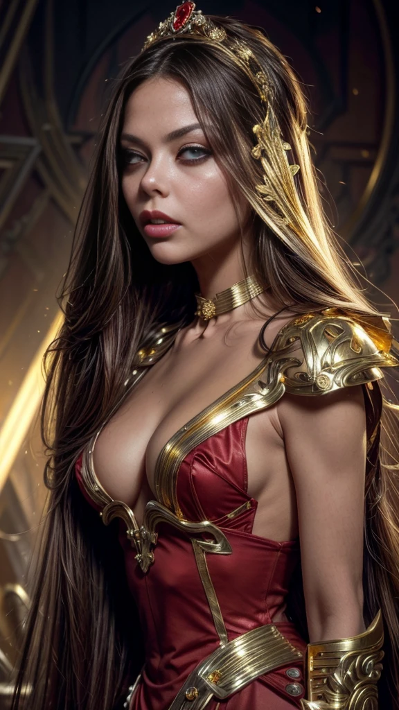 A picture of the head of an italian female.(Ornella Muti) "Princess Aura" brown long straight hair. "upper body portrait",(wearing scarlet and gold: 1.3) 8k resolution concept art portrait by Greg Rutkowski, Artgerm, WLOP, Alphonse Mucha dynamic lighting hyperdetailed intricately detailed Splash art trending on Artstation triadic colors ,volumetric lighting"
