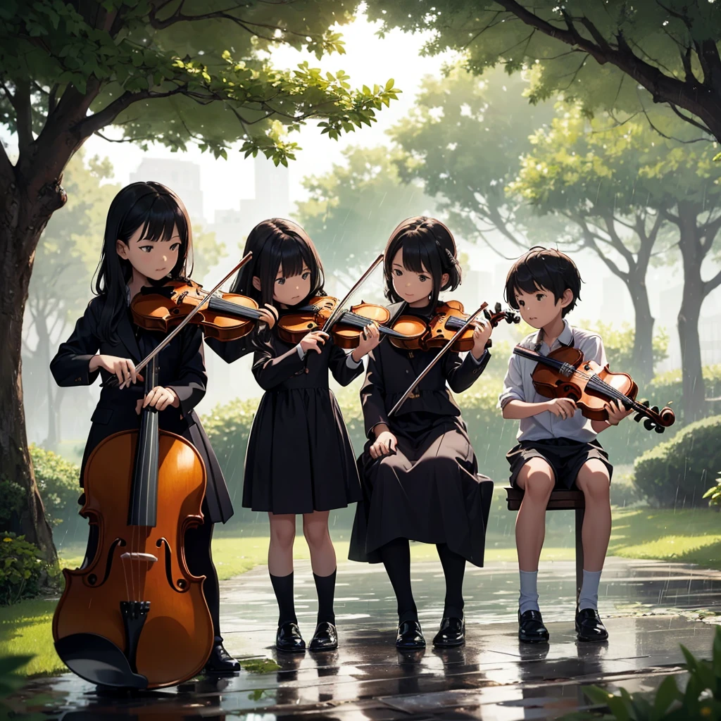 A group of children learning a violin 🎻 in pleasent rain under the large tree with their master