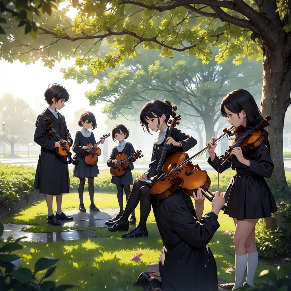 A group of children learning a violin 🎻 in pleasent rain under the large tree with their master