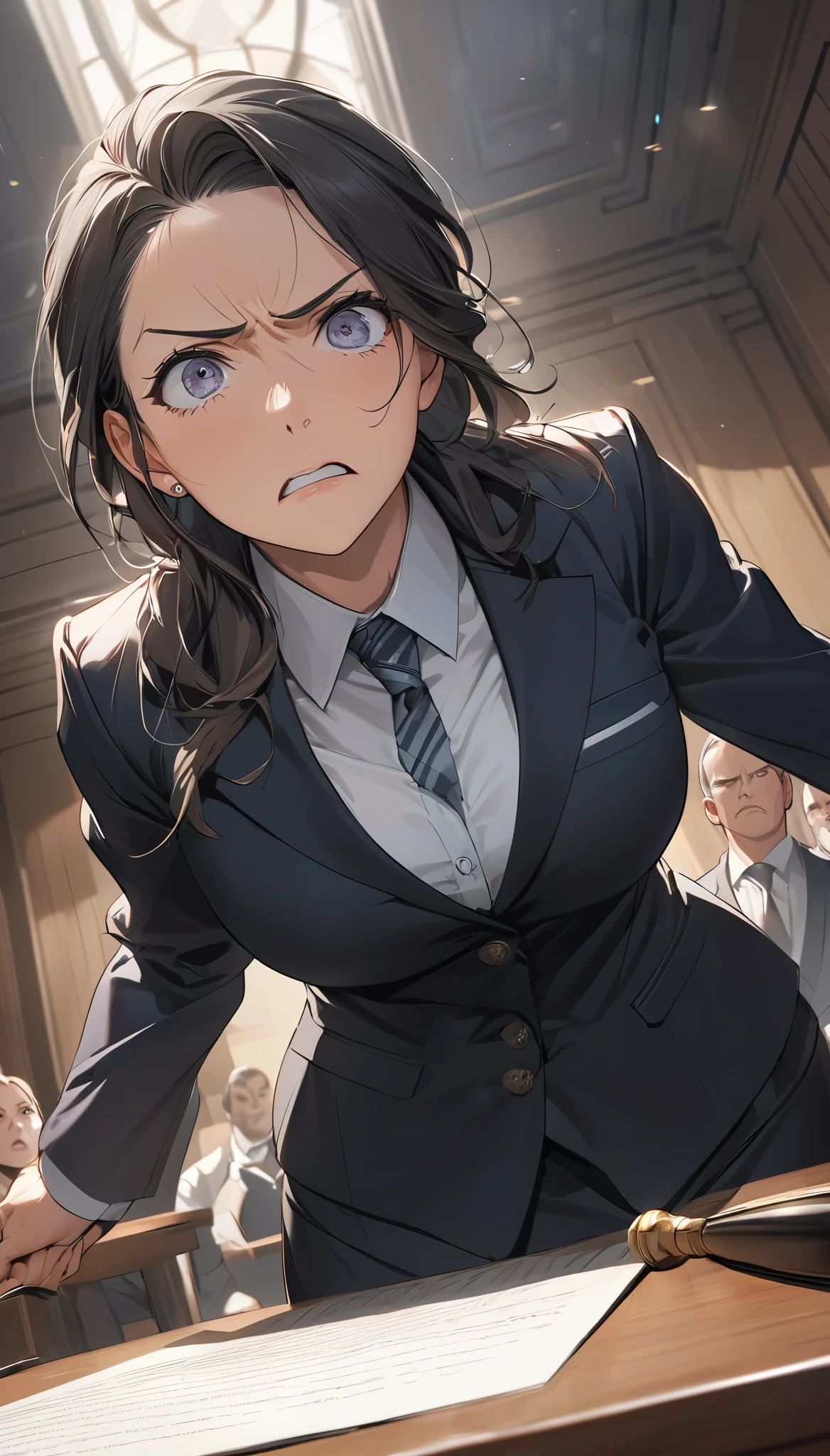 (A mature, confident woman in a high-quality, formal, elegant suit and skirt, with piercing, detailed eyes, a strong-willed expression, a sense of justice and responsibility, extreme fatigue, determination to win her case, anger, distrust, a focused mission, pride and self-assurance, a penetrating gaze aimed at the plaintiff, declaring the defendant's innocence, the dominance of the female attorney, shot from a low angle)