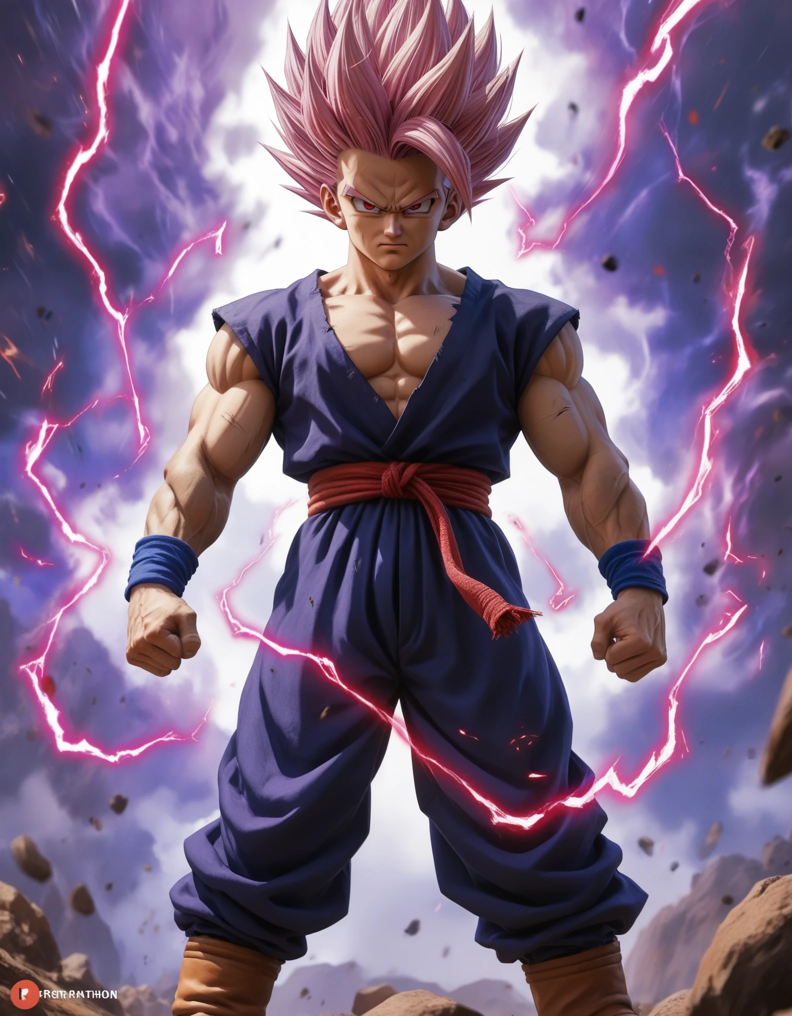 Vibrant, dynamic anime-style illustration featuring a muscular character Gohan with spiky pink hair, standing in a powerful pose. The character has a determined expression, with clenched fists and a strong stance. He is dressed in a white scarf, purple pants, and brown boots, with blue wristbands. The background is a mix of dark and bright colors, with a glowing aura surrounding the character, adding to the intense atmosphere. The image includes a watermark with the text 'JPRINNIAO' in a stylized font, located at the center of the image. The overall composition is energetic and dramatic, emphasizing the character's strength and power. anime, anatomically correct, super detail, high quality, 4K