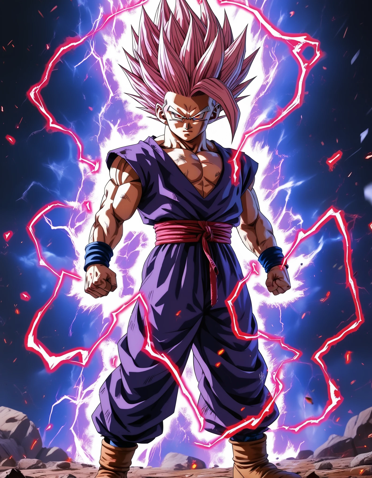 Vibrant, dynamic anime-style illustration featuring a muscular character Gohan with spiky pink hair, standing in a powerful pose. The character has a determined expression, with clenched fists and a strong stance. He is dressed in a white scarf, purple pants, and brown boots, with blue wristbands. The background is a mix of dark and bright colors, with a glowing aura surrounding the character, adding to the intense atmosphere. The image includes a watermark with the text 'JPRINNIAO' in a stylized font, located at the center of the image. The overall composition is energetic and dramatic, emphasizing the character's strength and power. anime, anatomically correct, super detail, high quality, 4K