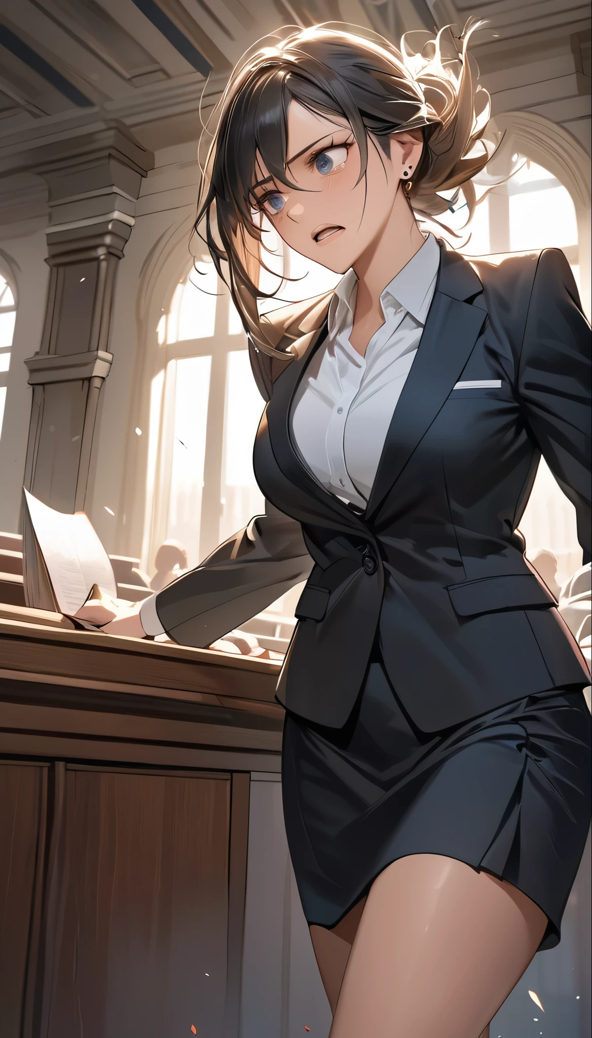 female lawyer in a high-quality, detailed courtroom scene, wearing a strict, formal suit and skirt, with piercing, intense eyes full of determination, pride, and righteous fury, standing triumphantly after winning a difficult case, exhausted but victorious, tears of joy and relief in her eyes, looking down at the acquitted defendant, a masterful, photorealistic portrait highlighting her strength, confidence, and the beauty of her hard-earned success.