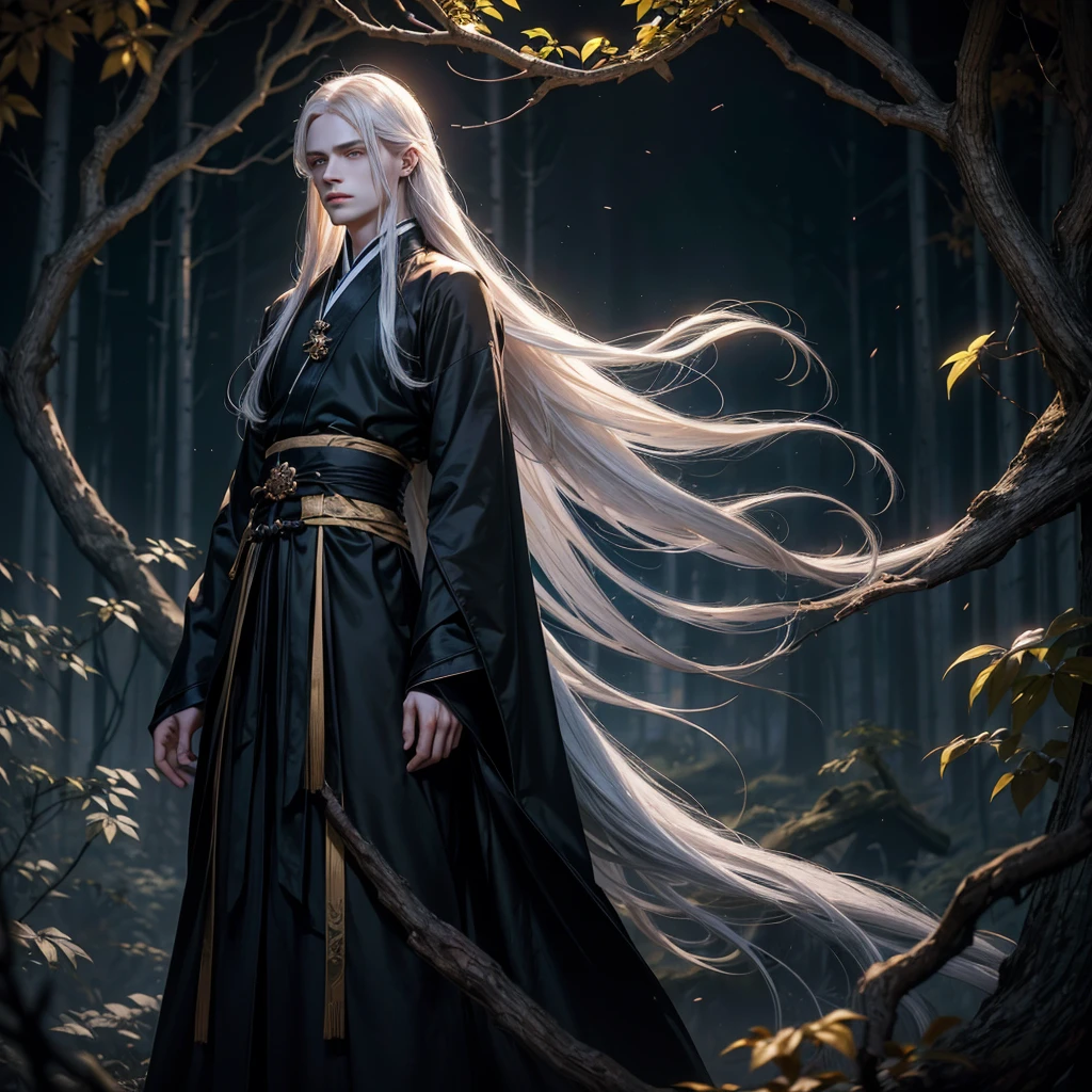 A young man with long white straight hair, blue eyes, and an indifferent gaze, pale skin. Dressed in a black hanfu, stands in a dark autumn forest. Golden glow on the branches, black mist swirling around. Fallen leaves carpet the ground, and a full moon casts an eerie light.