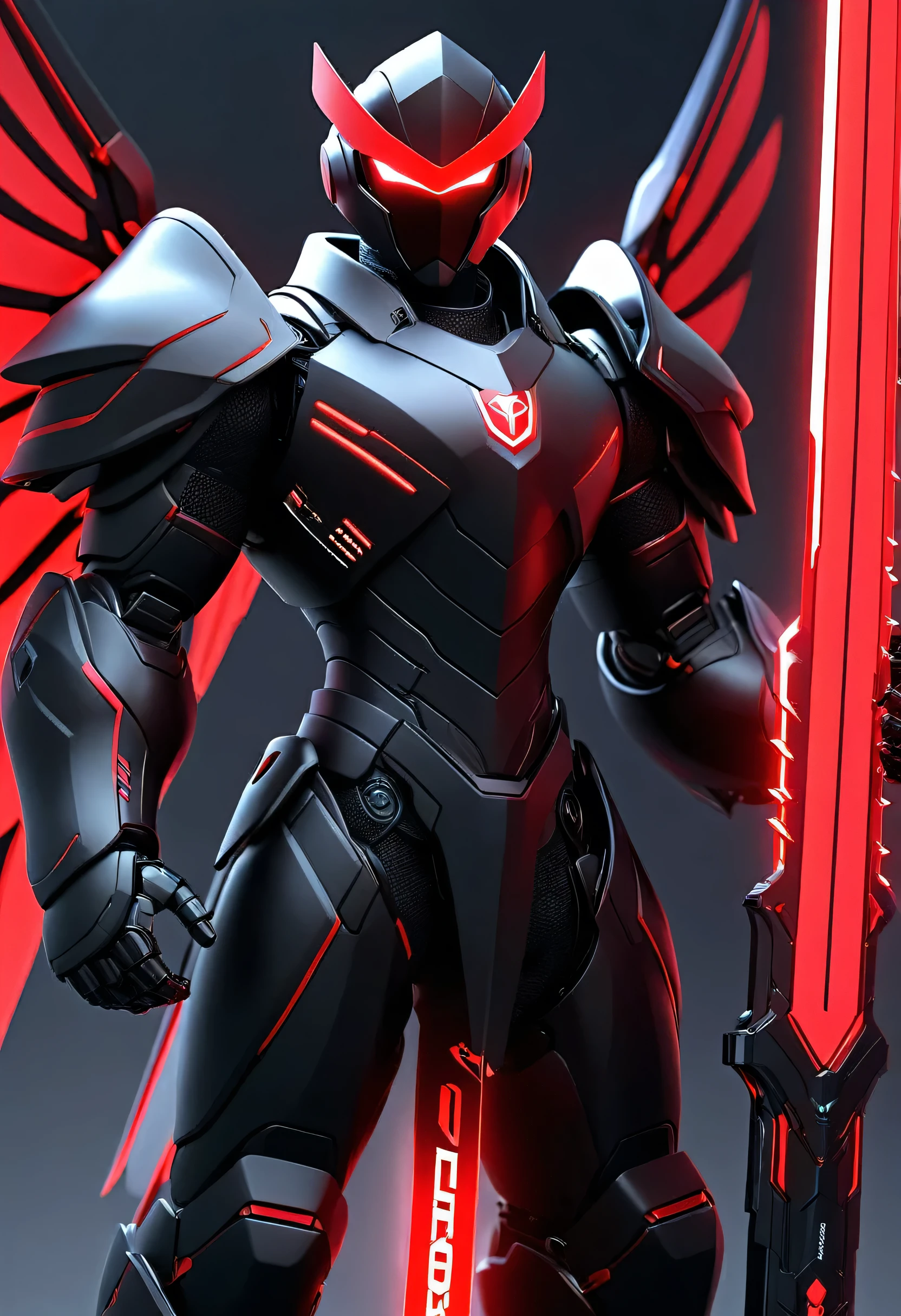 1man. male, solo, wearing tech armor black AND red, holding glowing tech weapon infront of him, holding glowing tech sword, robot wings, simple glowing background , HD, masterpiece, best quality, hyper detailed, ultra detailed,