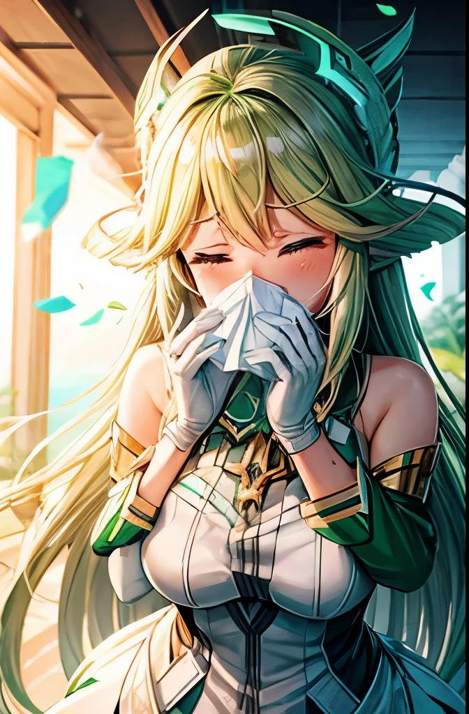 Mythra blowing her nose into a tissue