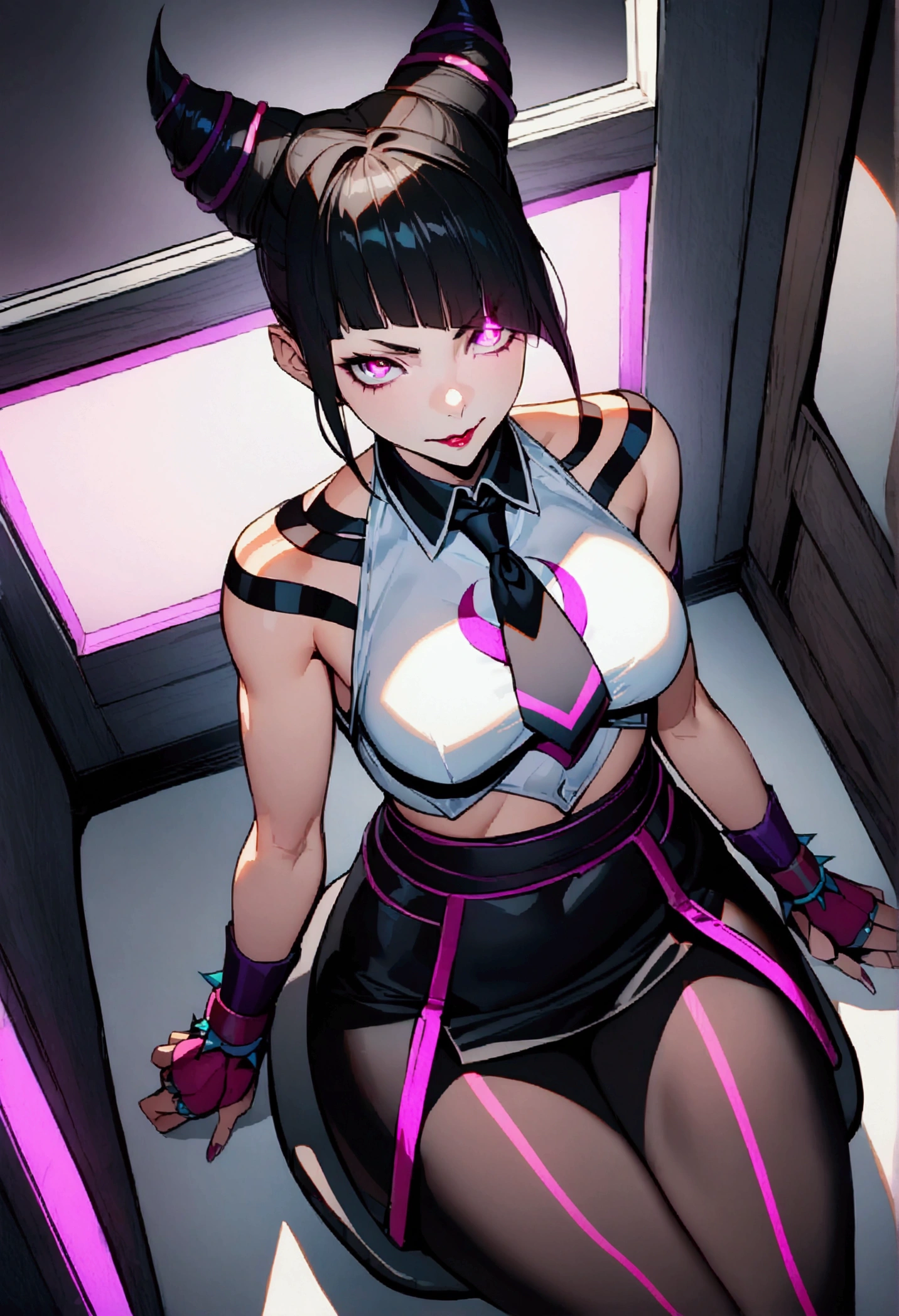 juri han, work of art, tight white secretary shirt with black tie, black high waist skirt, short skirt,stocking, black hair, black tightscary sun,office,bangs on the eyes,Lighting,horn of hair,view from above,staring overhead,evil smile,sitting,cross legs,glowing purple eyes,stocking black
