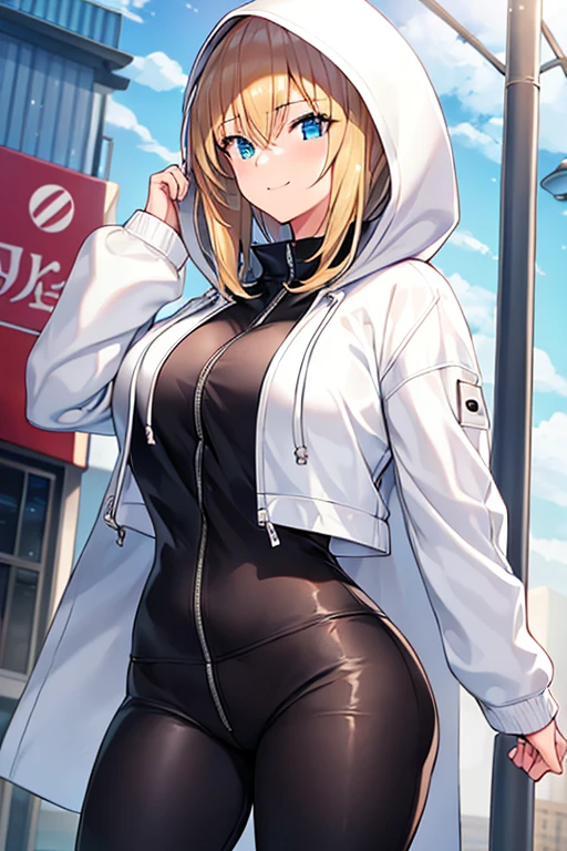1girl, hood, jacket, hooded jacket, hood on, hood up, blonde hair, large breasts, breasts, wide hips, thick thighs, hourglass figure, white jacket, black shirt, shirt, very short hair, pants, black pants, smile, toned, toned female, urban, mature female, tall, tall female, arm down, hands down, arms down, hand down, cropped jacket,