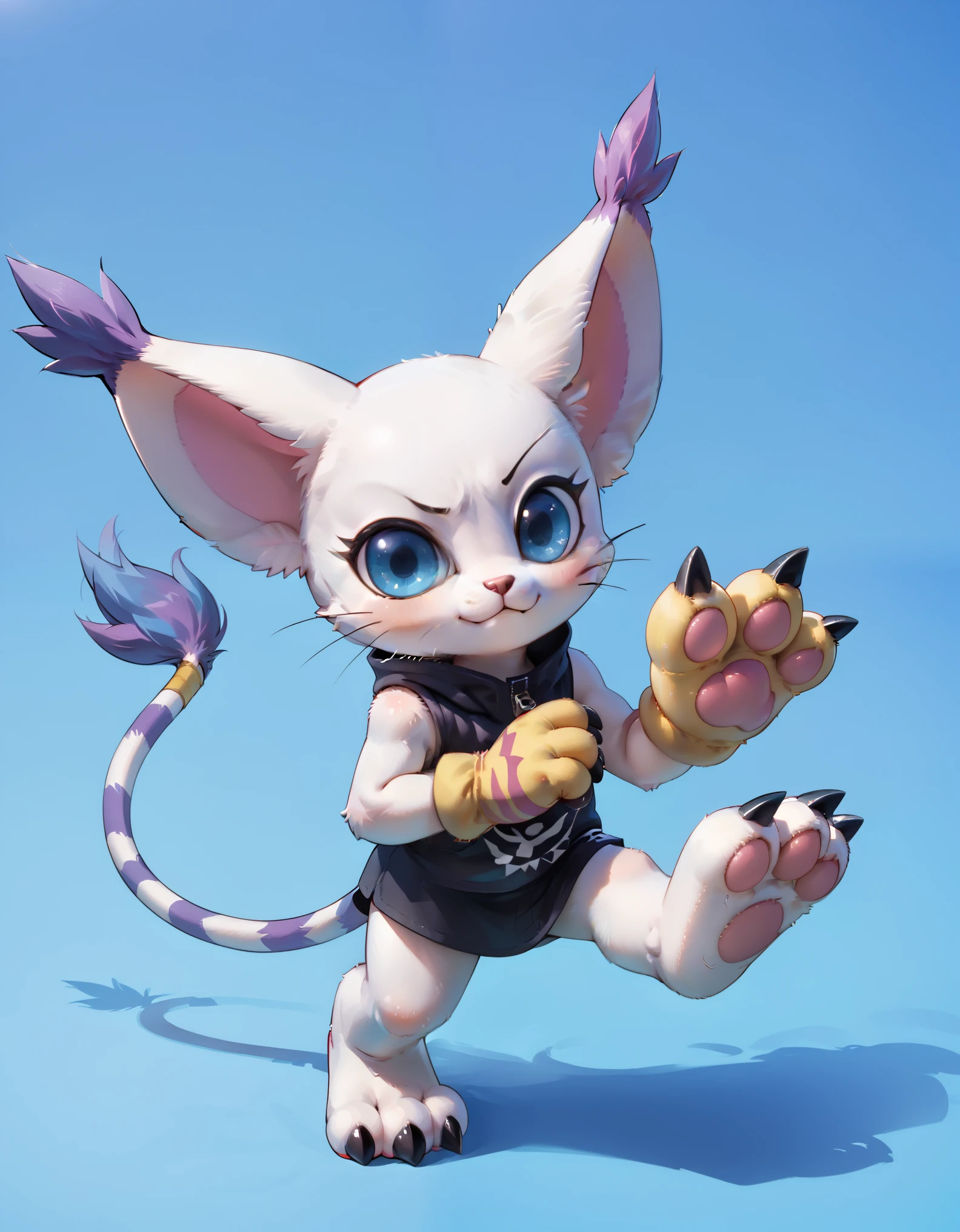 gatomon, feral, (digimon), solo, looking at viewer, blue eyes, white fur, striped tail, gloves, paw gloves, pawpads,,