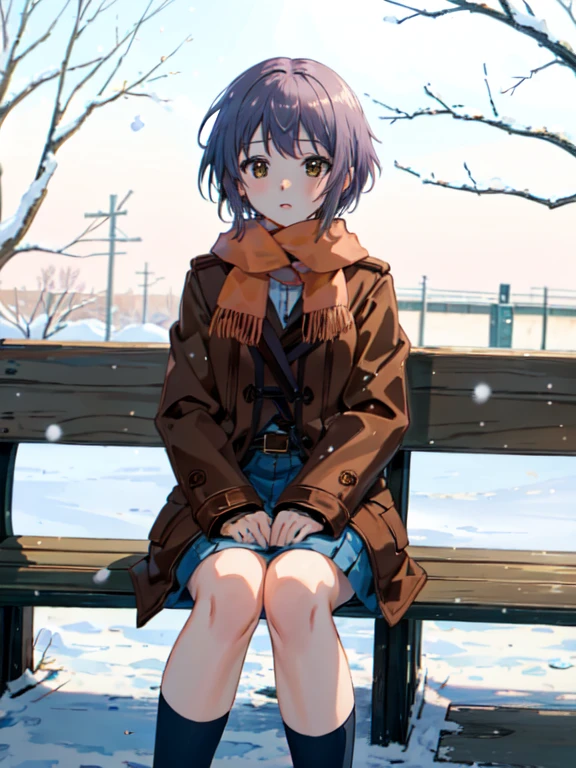 (masterpiece),(best quality), yuki, brown coat,  scarf, kneehighs, blank eyes, inexpressive face, park, waiting, bench, snow, snowing, tree, nature, 