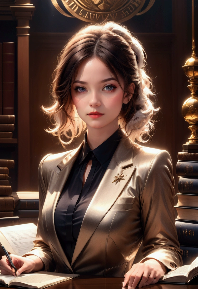 1girl, Lawyer, a lawyer in a courtroom, elegant formal suit, confident and professional expression, dramatic lighting, law books and documents in the background, cinematic composition, 8k, high quality, masterpiece, best quality, very aesthetic, absurdres