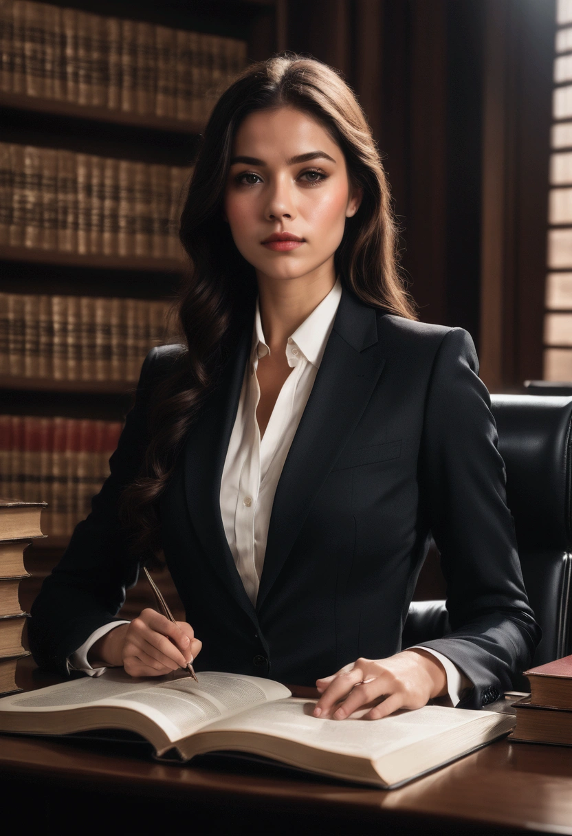 1girl, Lawyer, a lawyer in a courtroom, elegant formal suit, confident and professional expression, dramatic lighting, law books and documents in the background, cinematic composition, 8k, high quality, masterpiece, best quality, very aesthetic, absurdres