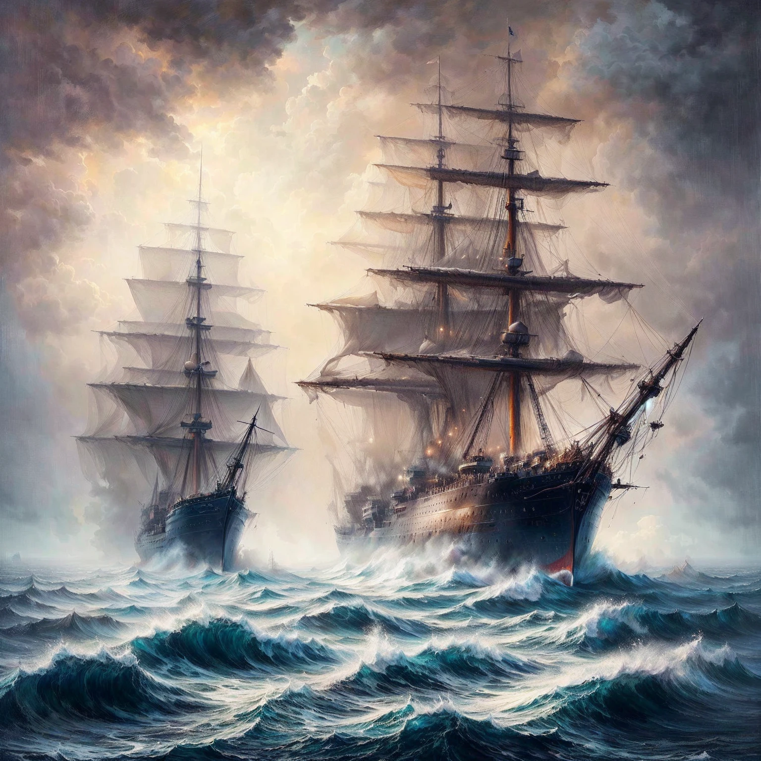 painting of two ships in a storm with a sky background, ships, sailing ships, ross and aivazovsky, ships with sails underneath, inspired by Carl Eugen Keel, a ship lost in a storm, dramatic nautical scene, ship at sea, dramatic artwork, stormy seas, three masts, by Eugeniusz Zak, ships with sails