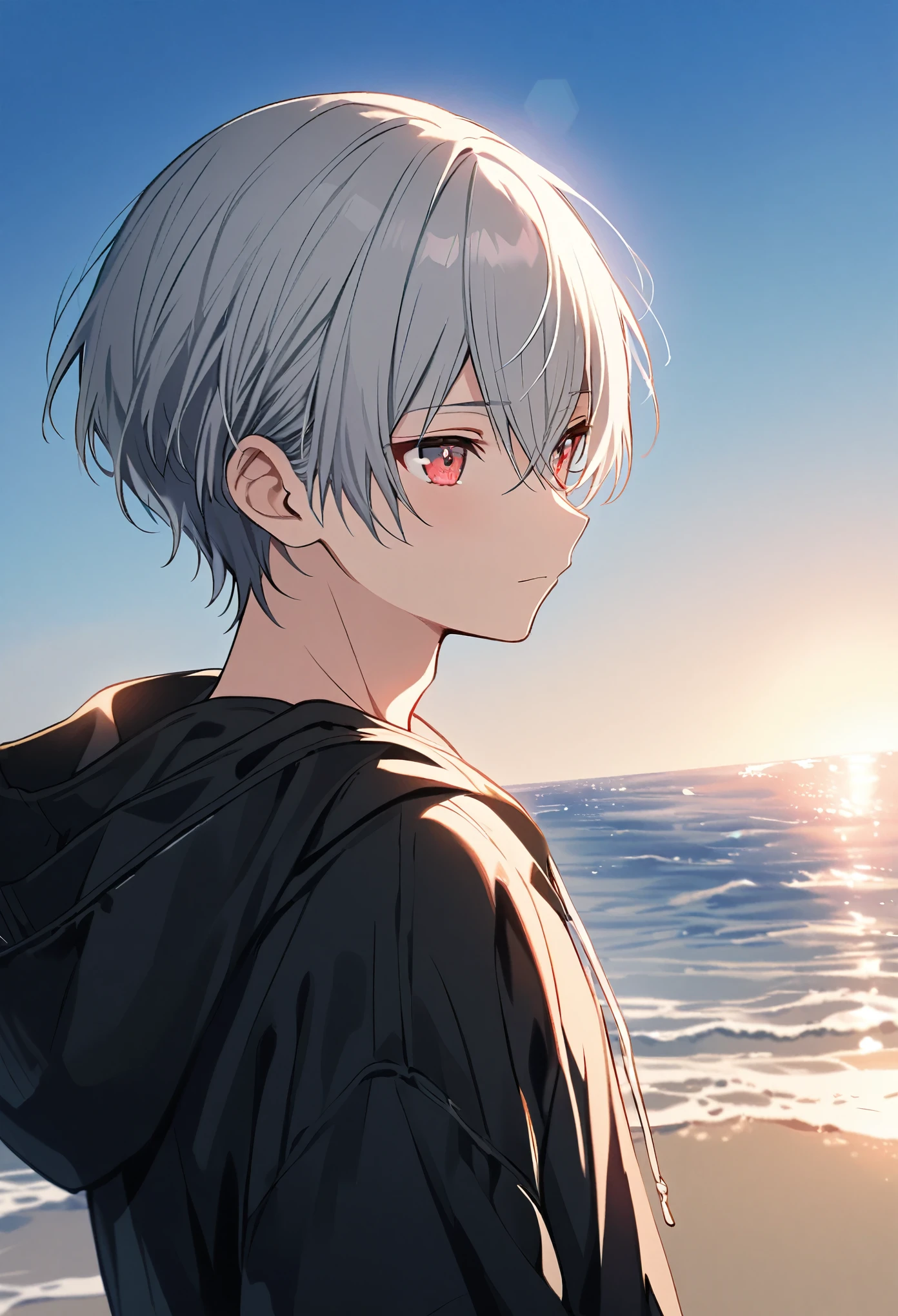 good looking, alone, 1 male, Gray Hair, Red eyes, Black Shirt, Black and white hooded, morning, White Light,Cute eyes,Short hairstyle,A cute boy,summer,Ocean,blue sky