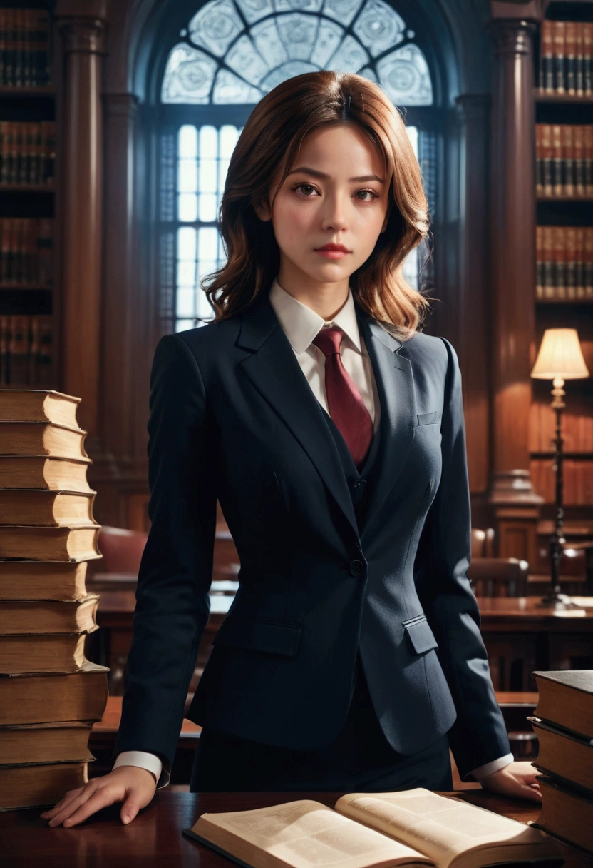 1girl, Lawyer, a lawyer in a courtroom, elegant formal suit, confident and professional expression, dramatic lighting, law books and documents in the background, cinematic composition, 8k, high quality, masterpiece, best quality, very aesthetic, absurdres