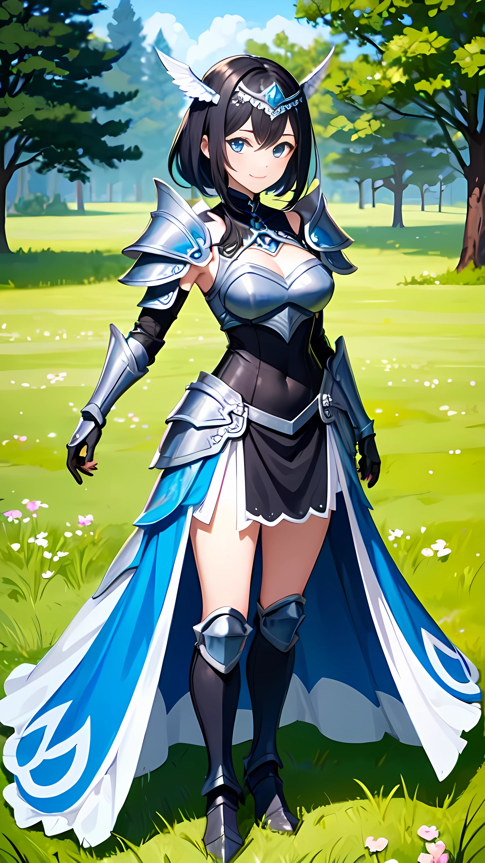 Masterpiece, 1girl, straight hair, black hair, perfect face, perfect eyes, blue eyes, smile, perfect body, perfect , perfect fingers, ((valkyrie armored dress, valkyrie skirt)), shoulder pads, black armored gloves, black armored boots, {valkyrie headpiece}, {medium cape}, standing, full body, facing front, meadow, day, Genshin Impact art style