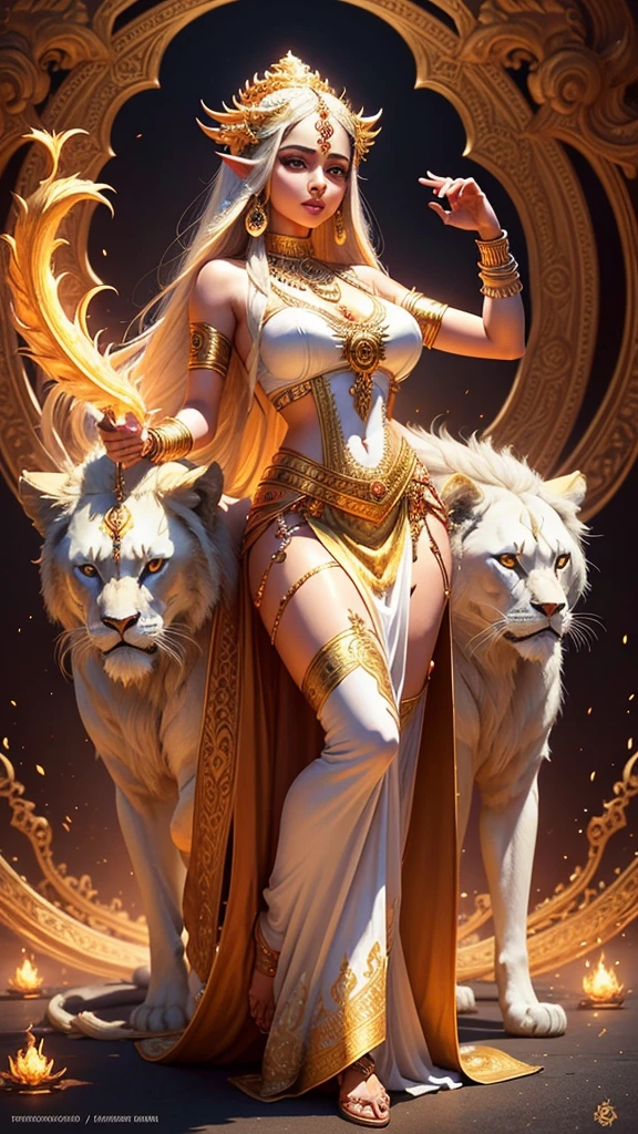 Hot a beautiful hindu goddess, detailed face, piercing eyes, full lips, long flowing white and golden dress, holding a trishul, majestic lion, intricate jewelry, glowing ethereal aura, highly detailed, photorealistic, dramatic lighting, vibrant colors, ornate background, digital art