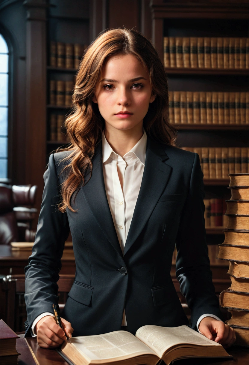 1girl, Lawyer, a lawyer in a courtroom, elegant formal suit, confident and professional expression, dramatic lighting, law books and documents in the background, cinematic composition, 8k, high quality, masterpiece, best quality, very aesthetic, absurdres