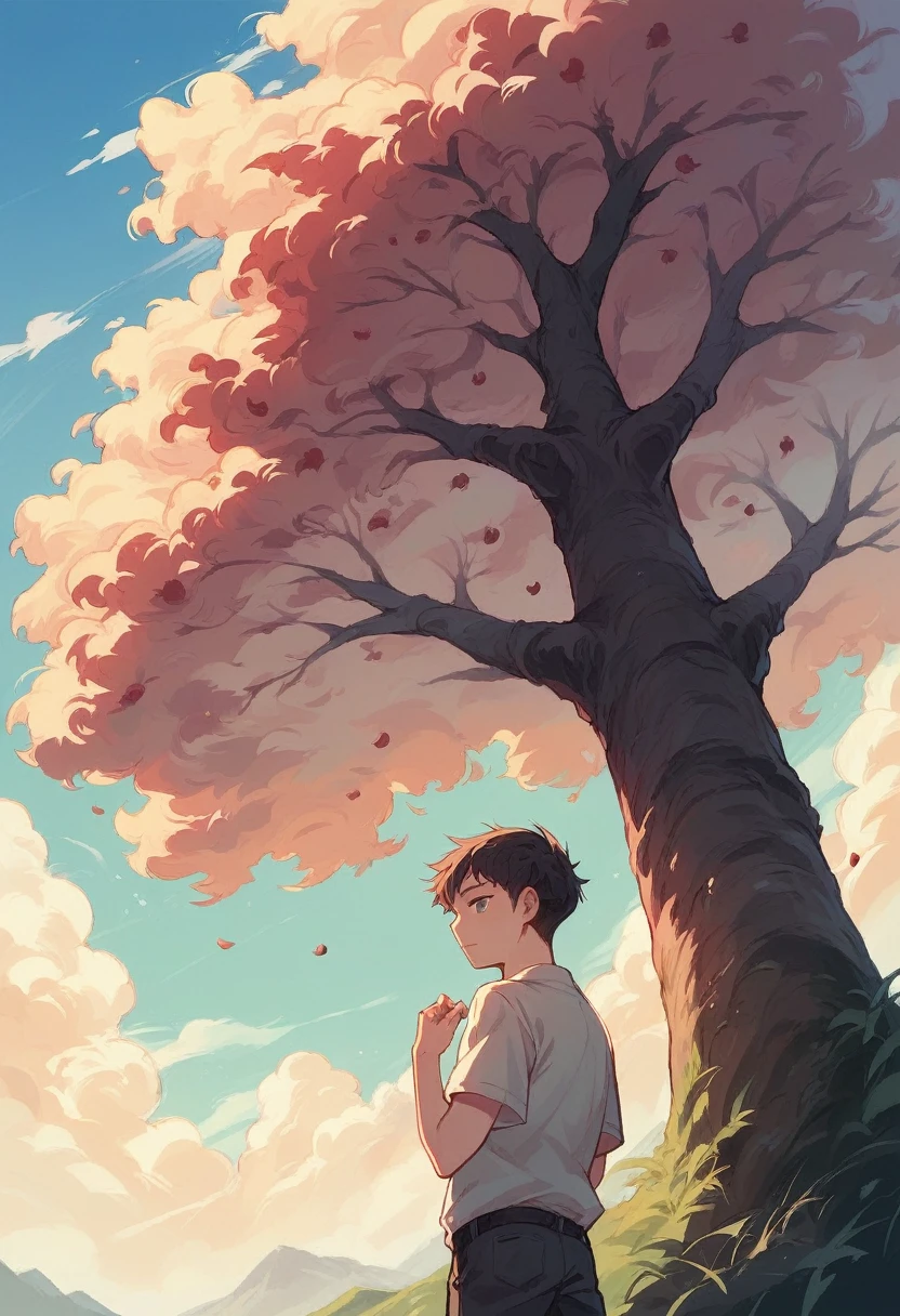 Landscape wallpaper with animal mountains, beautiful horizon . In the foreground a cherry tree. Below a young couple with Brazilian shirts