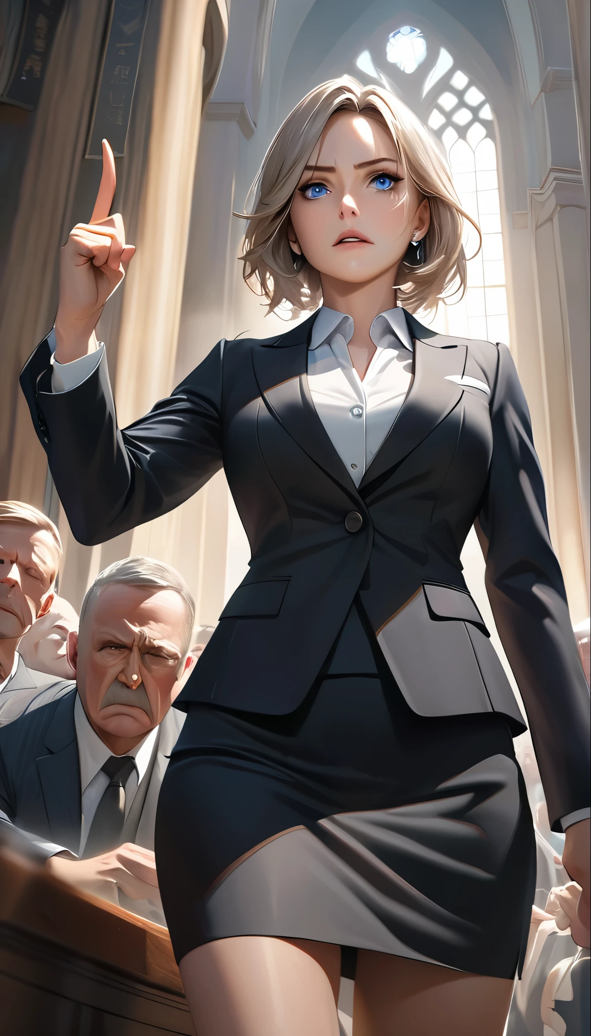 a mature woman in a formal suit skirt, standing confidently with a steely gaze, defending her client against false accusations, beautiful piercing eyes, strong-willed and determined, exuding a sense of justice and responsibility, exhausted but unwavering, directing a forceful accusatory finger at the defendant, proclaiming their innocence, the victorious female lawyer in a high-stakes legal battle, shot from a low angle, (best quality,4k,8k,highres,masterpiece:1.2),ultra-detailed,(realistic,photorealistic,photo-realistic:1.37),professional,vivid colors,dramatic lighting