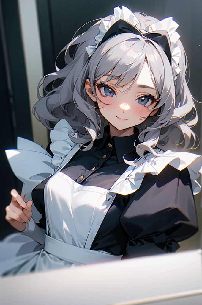 cute woman, cute face, a little smile in her face, medium straight hair, wavy gray hair, blind woman, wearing a maid outfit, small breasts, anime style.