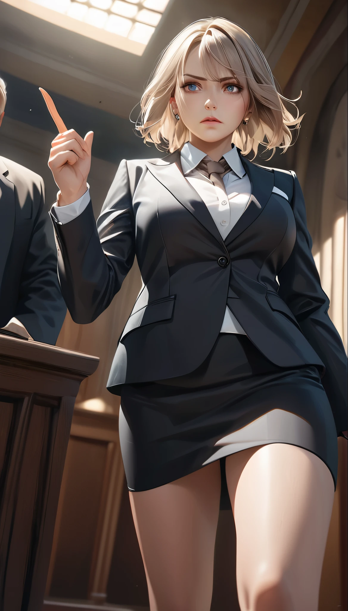 a mature woman in a formal suit skirt, standing confidently with a steely gaze, defending her client against false accusations, beautiful piercing eyes, strong-willed and determined, exuding a sense of justice and responsibility, exhausted but unwavering, directing a forceful accusatory finger at the defendant, proclaiming their innocence, the victorious female lawyer in a high-stakes legal battle, shot from a low angle, (best quality,4k,8k,highres,masterpiece:1.2),ultra-detailed,(realistic,photorealistic,photo-realistic:1.37),professional,vivid colors,dramatic lighting