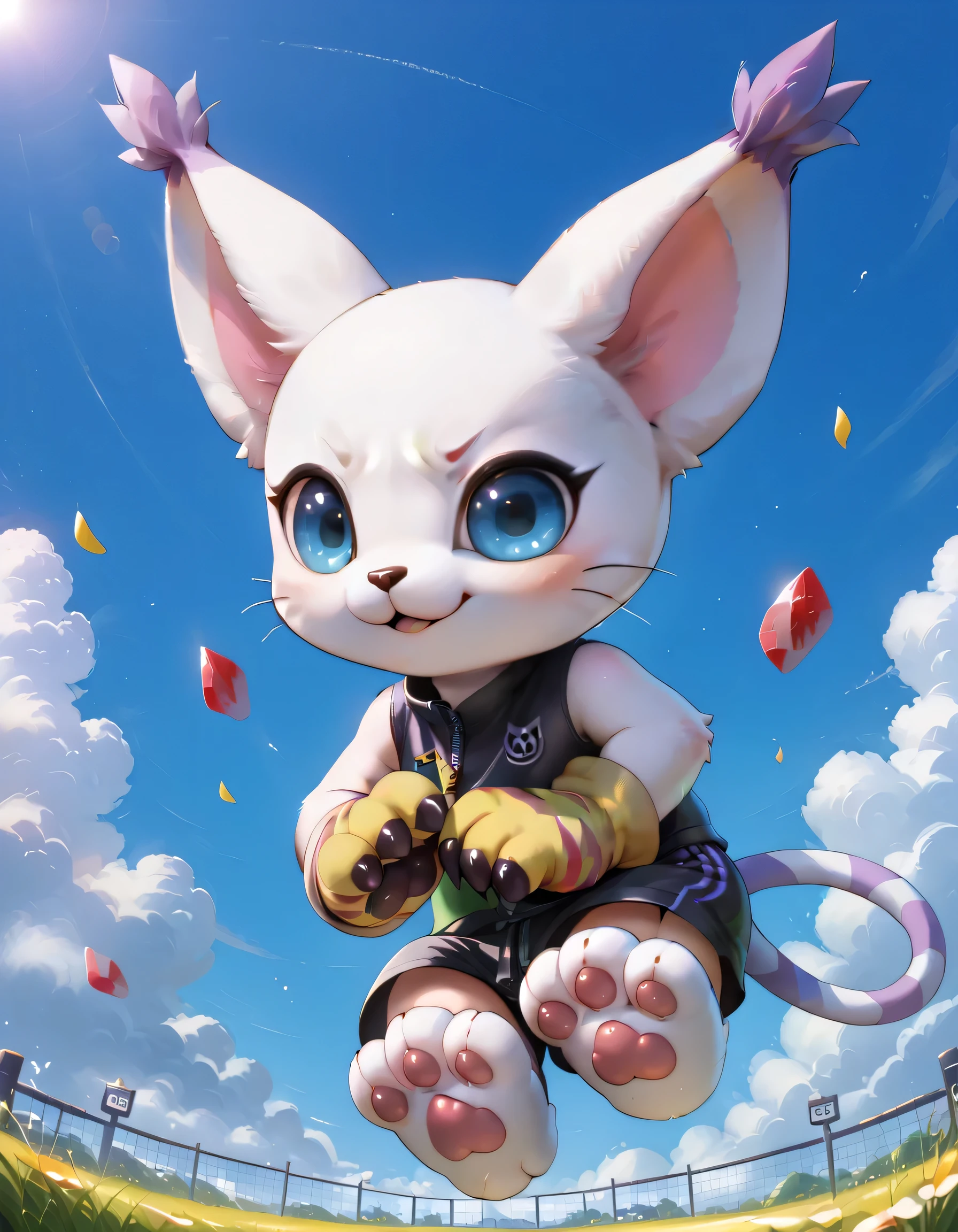 gatomon, feral, (digimon), solo, looking at viewer, blue eyes, white fur, striped tail, gloves, paw gloves, pawpads,,