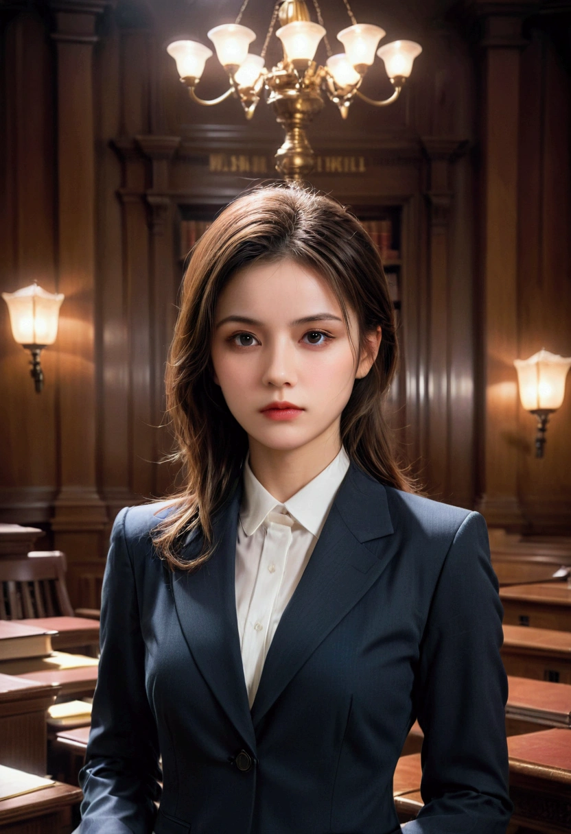 1girl, Lawyer, a lawyer in a courtroom, elegant formal suit, confident and professional expression, dramatic lighting, law books and documents in the background, cinematic composition, 8k, high quality, masterpiece, best quality, very aesthetic, absurdres