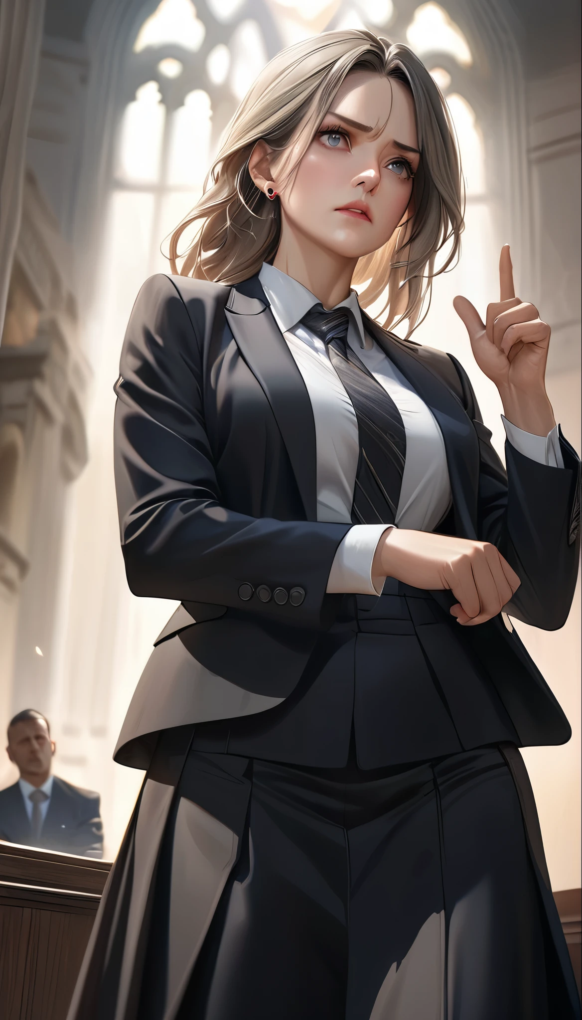 a mature woman in a formal suit skirt, standing confidently with a steely gaze, defending her client against false accusations, beautiful piercing eyes, strong-willed and determined, exuding a sense of justice and responsibility, exhausted but unwavering, directing a forceful accusatory finger at the defendant, proclaiming their innocence, the victorious female lawyer in a high-stakes legal battle, shot from a low angle, (best quality,4k,8k,highres,masterpiece:1.2),ultra-detailed,(realistic,photorealistic,photo-realistic:1.37),professional,vivid colors,dramatic lighting